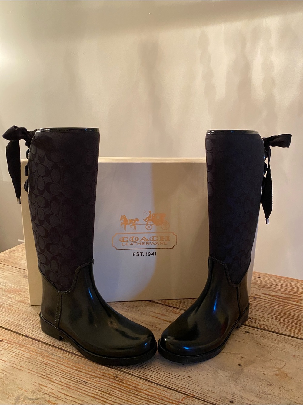 New! Coach Black Signature Monogram Tall Rain Boots